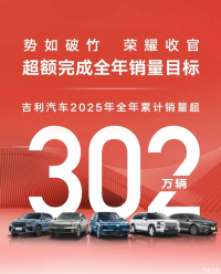 2026年冲击345万辆 吉利汽车2025年全年销量超302万辆